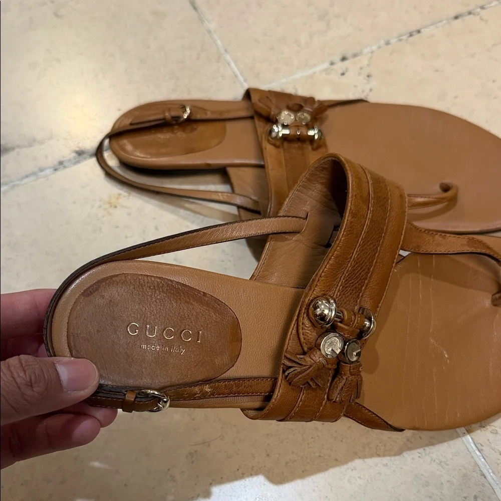 Gucci Tan Brown Leather Thong Slingback Sandals - Picture 2 of 9